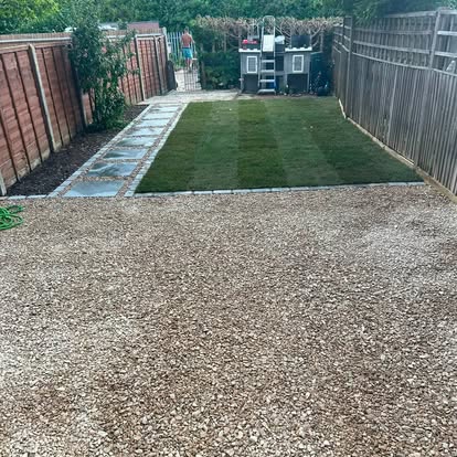 Fresh lawn, stone path and gravel